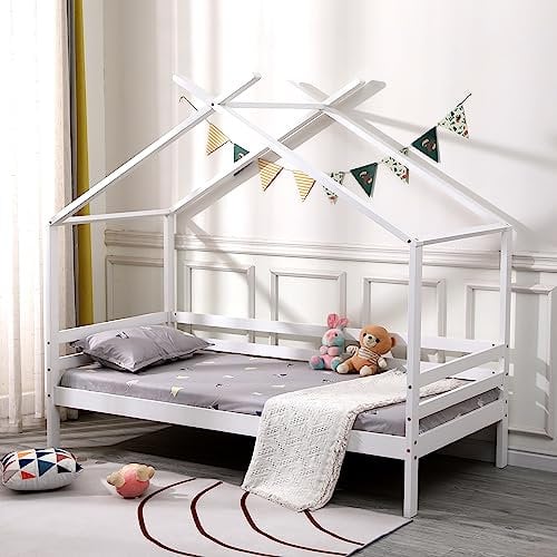 SlumberWorx Teddy Kids Wooden House Treehouse Single Bed Frame In White/Grey & Optional Guest Trundle & Mattress (White No Guest Trundle, No Mattress)