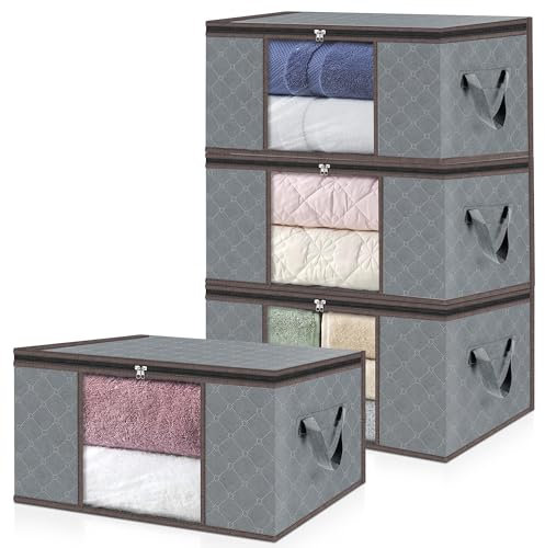 unycos - 4 Stück | 35L Aufbewahrungstasche, Kleideraufbewahrungstaschen, stoff mit Transparentem Fenster 48x36x20cm, Faltbare Boxen, Unterbett-Organizer für Bettdecken, Handtücher (Grau/Kaffee)