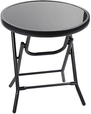 Taylor & Brown 48cm Folding Drinks Side Table, Foldable Coffee Table, Outdoor Garden Table, Small Round Patio Table - Black with Tempered Glass Top - 46x46x48cm