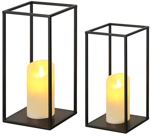 Eufrozy Modern Farmhouse Lantern Decor, Black Metal Candle Lanterns Decorative Indoor Set of 2, Rustic Candle Holder Decoration for Living Room/Home/Outdoor/Table/Fireplace/Mantle/Wedding/Porch