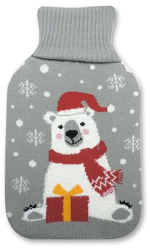 Wärmflasche Eisbär im Schnee mit Geschenk, 2 L mit Strickbezug - Bettflasche, Wärmekissen, Weihnachten, Winter
