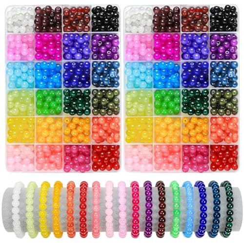 JOLCEEY 960pcs Round Glass Beads for Bracelet Making Kit, 24 Colors 8mm Imitative Jade Crystal Gemstone Beads for Jewellery Making Bracelet Necklace Phone Lanyard DIY Crafts
