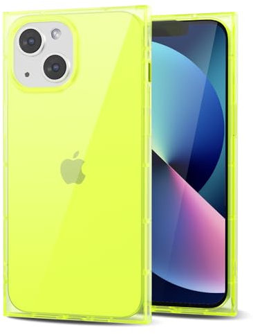 Svanove for iPhone 13 Clear Case Square Rectangle Edge, Transparent Aesthetic Trendy Girly Neon Bright Silicone Rubber Phone Case for Women, Thin Slim TPU Bumper Protective Cover, Neon Green