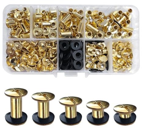 SHSMPXOY 100 Sets Chicago Screws Posts M5*4/6/8/10/12mm Chicago Book Binding Screws Rivets for Leather Metal Rivet Replacement Repair for DIY Book Scrapbook Bookbinding, Bags,Collars(Gold)