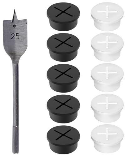 WUSANNA Kabeldurchführung Gummi 10-teiliger Set 25mm runde Kabeldurchführung, Kabeldurchführung Schreibtisch,Tisch Kabelmanagement mit 25mm Bohrer, Kabeldurchlass für Büro Arbeitsplatz (Weiß,Schwarz)