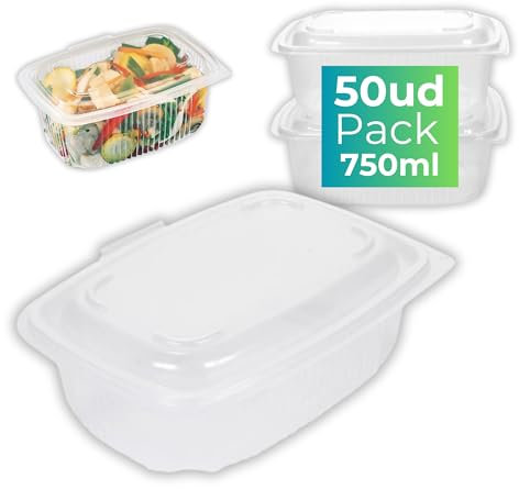 IAMI Fiambreras Reutilizables - 750 ml - 50 Envases Reutilizables PP con Tapa Bisagra - Apto para Microondas - 14 x 12 x 5 cms - Envases para alimentos 100% Recicable - 50 Tarrinas