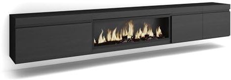 Skraut Home | TV-Schrank, Lowboard | für Wohnzimmer und Esszimmer | 288x45x35 cm | Für großformatiges TV | Elektrokamin XXL | Hängend | Moderner Stil | Schwarz