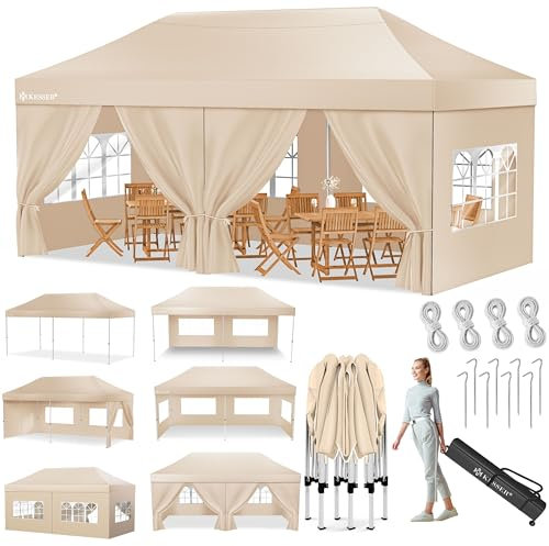 KESSER® Pavillon Faltpavillon 6x3m Festzelt mit 6 abnehmbaren Seitenwänden, Gartenzelt Höhenverstellbar & Wasserdicht + Tasche Rollbar Bodenanker Pop-Up Klicksystem UV-Schutz 50+ Partyzelt Beige