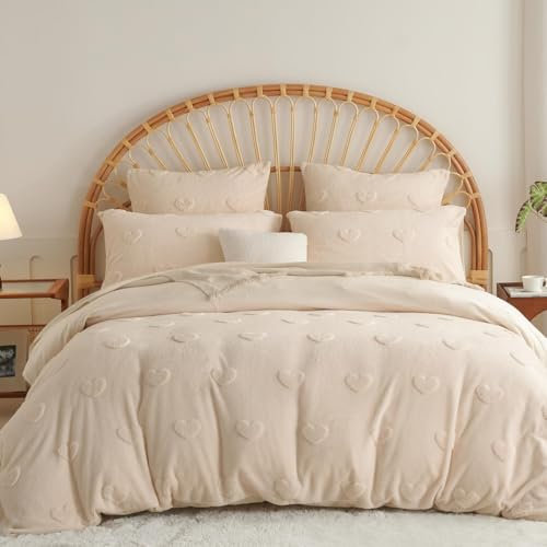 Sedefen Beige Housse de Couette 140x200 cm Polaire Sherpa Hiver Chaude Duveteuse Tuftée Motif du cœur Parure de lit 1 Personne Fille Ado Peluche Flanelle Linge de lit Avez Fermeture Éclair