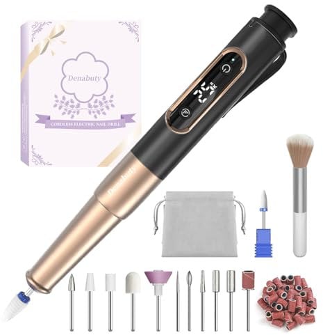 Nagelfräser, Denabuty Elektrische Nagelfeile Kabellos 12 in 1 Fräser für Gelnägel 25000 u/Min, USB Wiederaufladbare, 5 Verstellbare Geschwindigkei, Maniküre Pediküre Set Schwarz