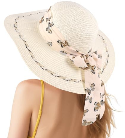 Kunyeah Chapeau de paille à large bord pour femme avec nœud papillon pliable pare-soleil chapeau fille été bohème casquette de plage pour vacances voyage, blanc, Taille unique