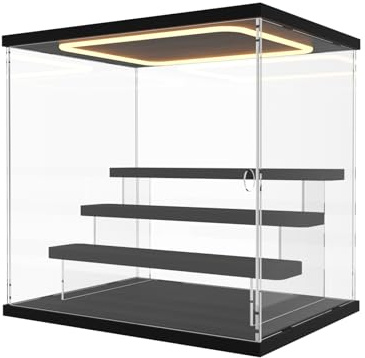 Nynelly Acryl Vitrine Schaukasten mit LED für Sammlerstücke, 4 Stufen Plexiglas Vitrine mit Tür und Stufen, Staubdichte Schaukasten für Figuren, Funko Pop, Spielzeug, Schwarz