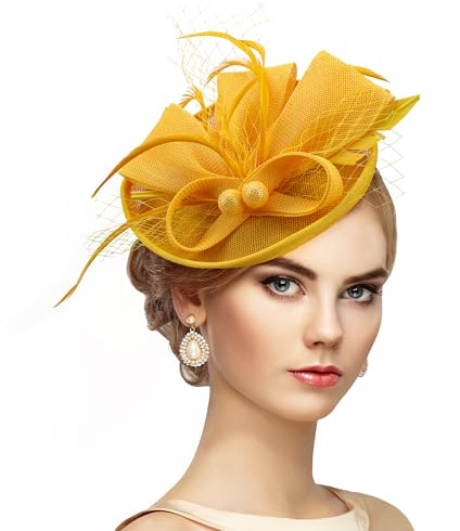ETOFETE Gelb Damen Fascinator Kopfschmuck Karneval Haarreif Fasching 1920er 50er Hüte für Mädchen Victoria Feder mit Schleier Kirche Halloween Renaissance Maskerade Kostüme 7 87x5 9Zoll
