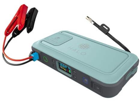 Halo Bolt Ultimate Starthilfe & Power Pack - 1500 A | UK 3-polige AC-Steckdose | 130 PSI digitaler Luftkompressor | USB-C & USB-A Aufladung | funkenfeste Kabel | Notfallstrahler (Mint)