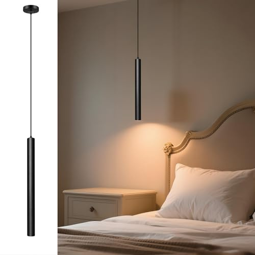 ACMHNC LED Pendelleuchte Schwarz, 50cm Zylinder Hängelampe für Schlafzimmer Esstisch Nachttisch, 5W Hängeleuchte Höhenverstellbar, 110~230V, 3000K