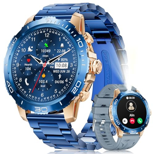 LIGE Orologio da uomo, con chiamata Bluetooth, schermo AMOLED da 1,43 Smartwatch con torcia IP68 impermeabile, frequenza cardiaca/sonno, 100+ modalità sportive fitness per Android iOS, blu