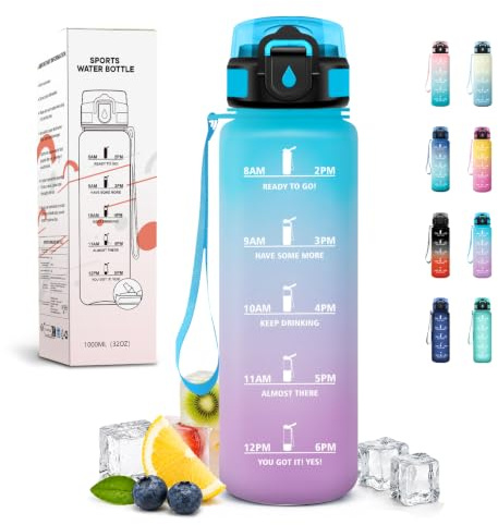 JAPORIA Trinkflasche 1L, Kohlensäure Geeignet, Wasserflasche Auslaufsicher, Trinkflasche Sport mit Zeitmarkierung, für Outdoor, Erwachsener, Büro