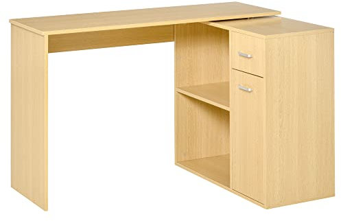 Homcom - Escritorio esquinero con 2 estantes y 2 cajones, Color Madera de Roble, 117 x 82 x 74 cm