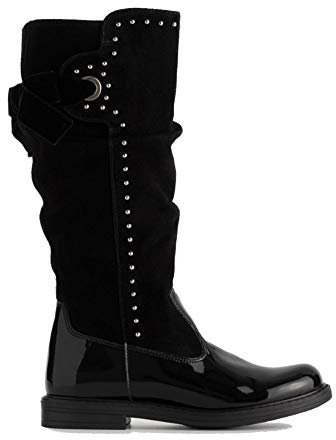 Stivale Ragazza Casual A931383F NeroGiardini T.Diamond Nero con Tomaia in Vernice e Gambale in camoscio, Chiusura Zip, Borchie Decorative e Fiocco Dietro. Collezione Autunno Inverno 2019 2020.EU 29