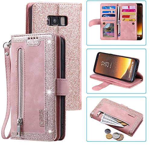 UEEBAI Hülle für Samsung Galaxy S8, Leder Klapphülle, Roségold | Premium PU Handyhülle Magnetische Lederhülle mit 9 Kartenfächer Standfunktion Geldbörse Trageband Schutzhülle Wallet Case