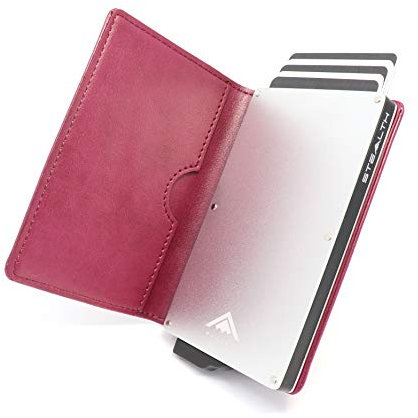 Stealth Wallet Porte Carte Bancaire RFID pour Homme - Porte-Cartes De Crédit avec Mécanisme Pop Up et Boîte Cadeau - Portefeuilles de Crédit Aluminium Minces (Aluminium Argent, Cuir Bordeaux)