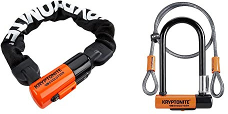 Kryptonite Unisex's Evolution Chain Lock, Black/Orange, 10mm x 55cm & Evolution Mini-7 Lock with Flex Cable and Bracket - Orange, 7-Inch