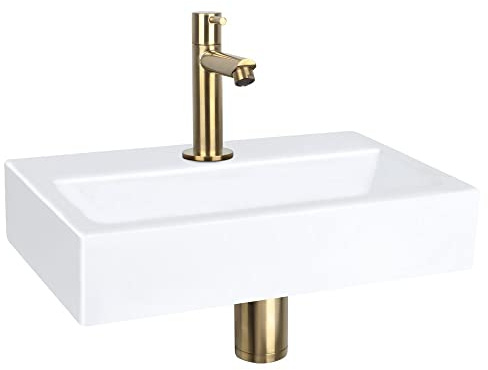 Differnz Set Lavabo Plat 38x24x7 cm – Vasque en Céramique Avec Robinet – Robinet Droit Eau Froide Or Mat – Avec Bonde et Siphon – Lavabo WC Rectangulaire – Blanc