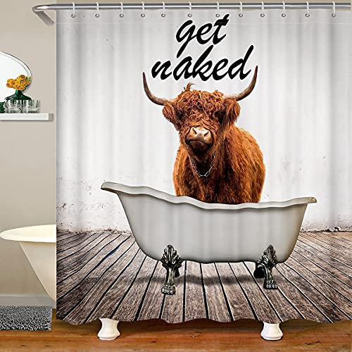 Highland Vieh Dusche Vorhang Lustige Kuh Badvorhang Bauernhof Tiere Western Bad Sets Cowboy Stil Bull Holzbrett Gewebe Dusche Vorhänge Sets Wasserdicht 180x180 (BXL) Badezimmer Dekor