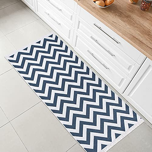 Fashion4Home Teppich Läufer - Tepiche für Wohnzimmer, Schlafzimmer, Küche, Kinderzimmer, Badezimmer - Boho Kelim - Läufer Flur, Zigzag-Blau-Weiß, Größe: 60x180 cm