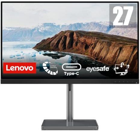 Lenovo L27m-30 Gaming Monitor - 27 FullHD Display (1920x1080, IPS, 4 ms, 75Hz, Input HDMI+VGA+USB Typ C, USB-C auf USB-C Kabel, FreeSync) Einstellbar in Neigung/Höhe/Drehung/Pivot - Schwarz