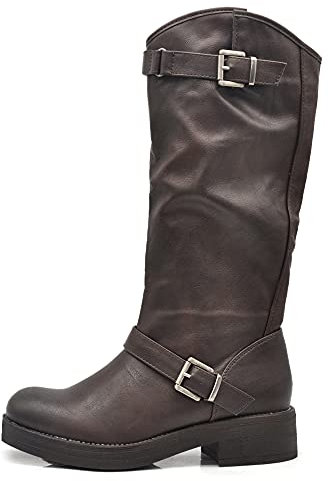 IF Fashion Scarpe Stivali da Donna Al Polpaccio Biker Motociclista Con Fibbie Anfibi YG883 marrone scuro N.41