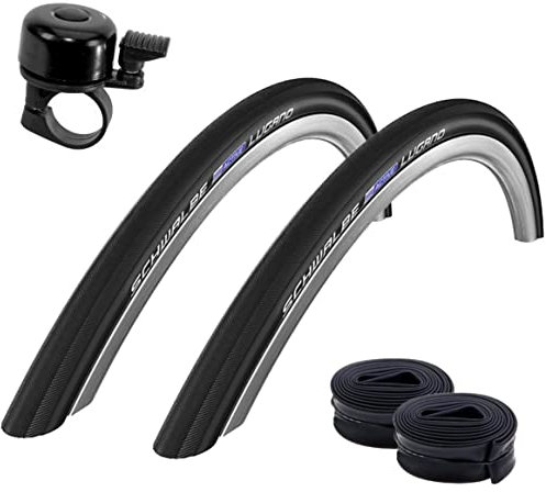 2 x Schwalbe Lugano 28 Rennradreifen K-Guard Fahrrad Mantel Decke in schwarz 700 x 33C (32-622) + 2 Schwalbe AV17 Schläuche inkl. Fahrradklingel