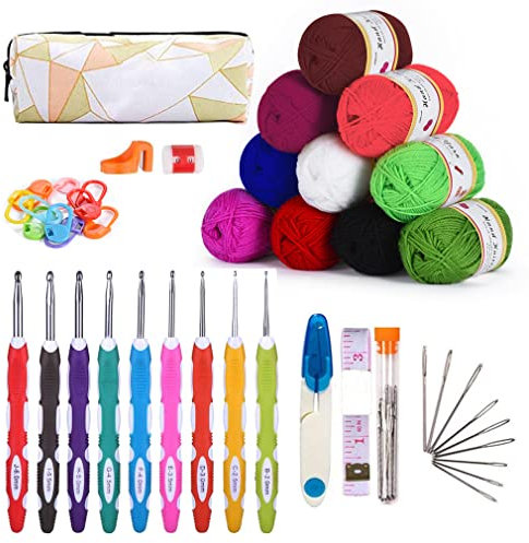 KOHMUI Häkelhaken und Häkelgarn Set, Bunte Ergonomische Soft Gummi HäKelnadeln mit tragbaren Tasche, 10 Farben Acryl Wolle für Häkeln und Kunsthandwerk
