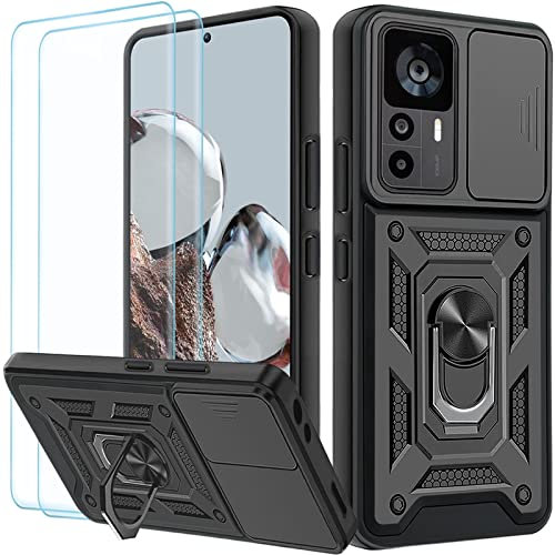 Yohii Handyhülle für Xiaomi 12T / Xiaomi 12T Pro Hülle mit 2 Stück Schutzfolie, Kameraschutz Case mit 360 Grad Ring Ständer Stoßfest Kratzfest Tough Armor Schutzhülle, Schwarz