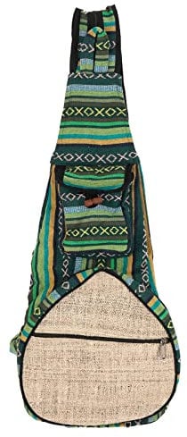 Kunst und Magie Bunter Hippie Rucksack Schultertasche Slingbag Crossbody-Bag Hanf, Farbe:Grün