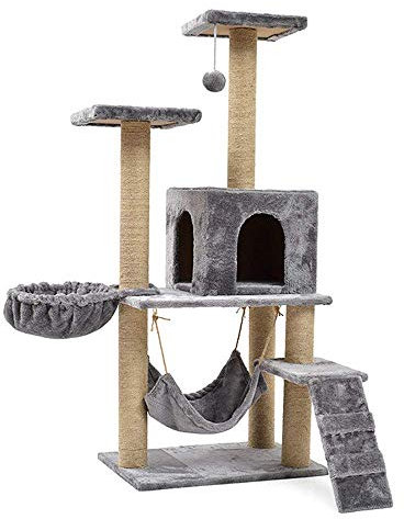 Spieltürme für Katzen Katzenvilla Katzennest mit Hängematte Heimtierbedarf Katzenbank Katzenklettergerüst Großer Kratzbaum Bäume für Katzen (Color : Grey, Size : One Size) (Color : Grey, S