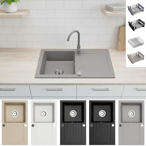 Faizee Home | Granitspüle 75x44 cm Grau – Beidseitig montierbare Einbauspüle aus Granit für moderne Küchen | Inkl. Spülkorb & Siphon-Set