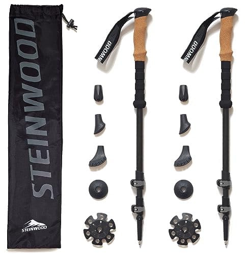 Steinwood Premium Wanderstöcke Aluminium - Trekkingstöcke - leicht, verstellbar mit Teleskop und Klemmverschluss mit extra Gummipuffer und Tragebeutel