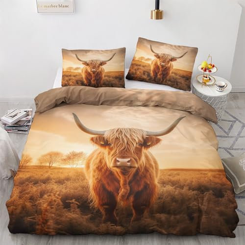 GEDAEUBA Bettwäsche 155x220 Hochlandrind - Western Bauernhoftiere Bettbezug 155x220 3 teilig, Wendebettwäsche und Kissenbezug 80x80, Weiche & Angenehme Mikrofaser Bettwäsche-Sets mit Reißverschluss