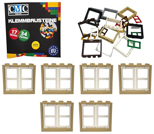 CMC imports Klemmbausteine 6 Fenster + Fensterrahmen 1x4x3 Noppen City Gebäude Stadt 60594 (Beige - Weiß)