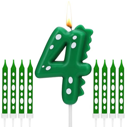 TRUEIN Digitale Kuchenkerze, Dinosaurier Thema Party Deko (Green_4) | 1 Zahlenkerze, 8 Lange Dünne Kerzen, Dinosaurier Thema, Party Deko, Geburtstagskerzen