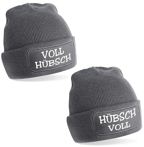 Herzbotschaft 2er Set Beanie Strickmütze mit Spruch | Voll Hübsch - Hübsch Voll | grau | Unisex SoftTouch angenehm weiche und warme Wintermütze | OneSize Einheitsgröße für Erwachsene