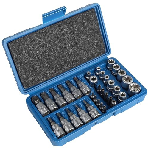 CPROSP 34 Pièces Coffret Douilles Torx Femelle, Torx Intérieur et Extérieur E4-E20 3/8'', T10-T60 3/8'', Torx Bit T10-T55 5/16''