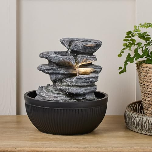 Lights4fun Fuente de Interior Cascade Nature Escalera Piedra Gris con LED Luz Blanca Calida de 23 cm