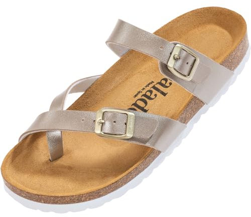 Palado Pantoletten Damen Cres Metallic - elegante Sandalen Made in Spain - bequeme Hausschuhe mit dämpfendem Kork-Fußbett - modische Sommerschuhe Beige UK9,5 - EU43