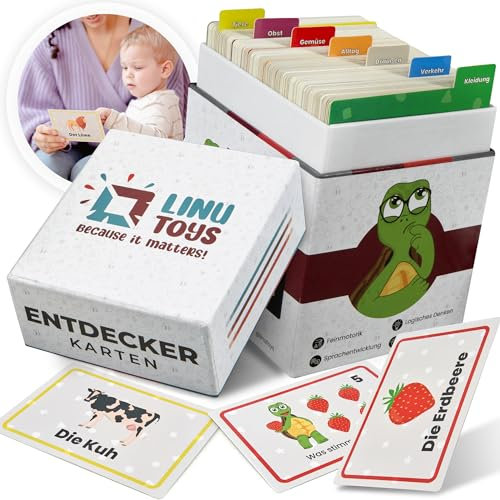 Linutoys Entdeckerkarten für Kinder ab 1 Jahr von Montessori Insp. Lernkarten für Sprachentwicklung [extra dick, wischfest] Flashcarten um Wörter, Farben und Zahlen Lernen | spielend sprechen Lernen