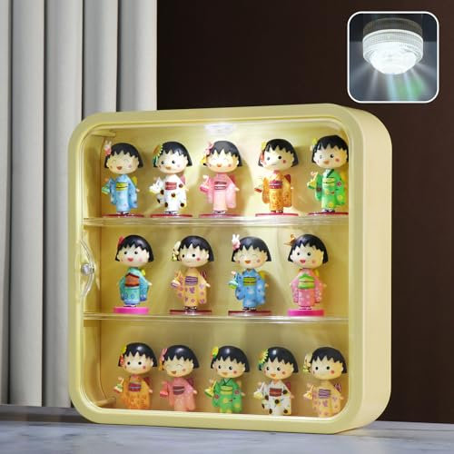 Naconmlet Acryl Vitrine Schaukasten mit led, acryl vitrine wandmontage mit Magnettür, 3 Schicht Sammlervitrine Hängend von Lego Sammlungen, Action Figuren und Miniaturmodellen(Gelb, 29,5x29,5x8cm)