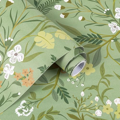 Alened Sticky Back Plastic Roll 44x300cm Green Floral Vintage Peel and Stick Wallpaper Self Adhesive Decorative Living Room Bedroom Vinyl Wrap Waterproof Furniture Stickers
