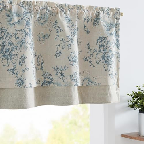 TOPICK Floral Kitchen Curtains Short Cafe Curtains Blackout Double Layer Curtain Valance for Sink Living Room Cabinet Small Window Rod pocket 1 Panel Blue on Beige 18 Inch Drop