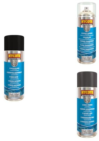 Hycote Double Acrylic Fast Drying Aerosol Satin Black Car Spray Paint, Clear Lacquer & Grey Primer - Pack of 3